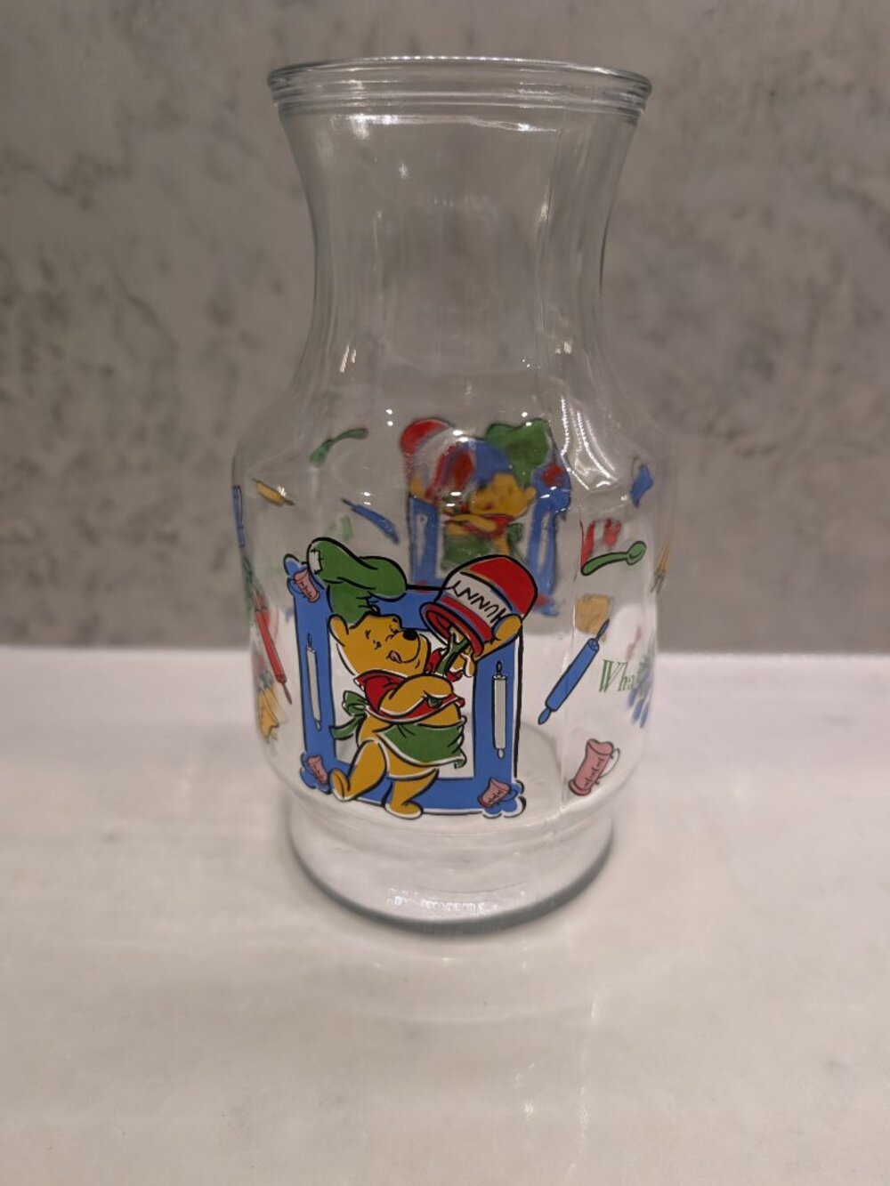 Vintage Anchor Hocking Disney "What's Cooking, Pooh?" Glass Juice Carafe